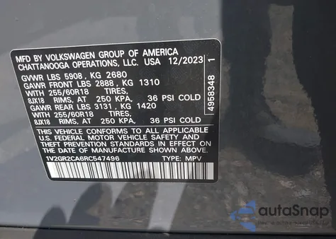 2024 Volkswagen Atlas 2.0T Peak Edition Sel from USA, damaged, VIN 1V2GR2CA6RC547496